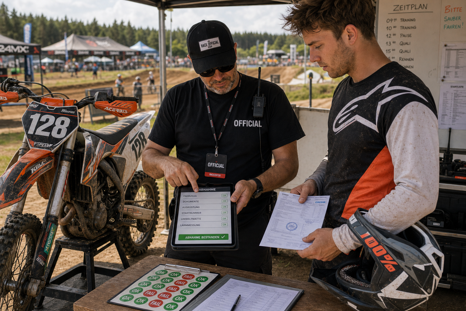 Technische Abnahme am Event – Official mit Tablet-Checkliste prüft Motorrad und Dokumente des Fahrers