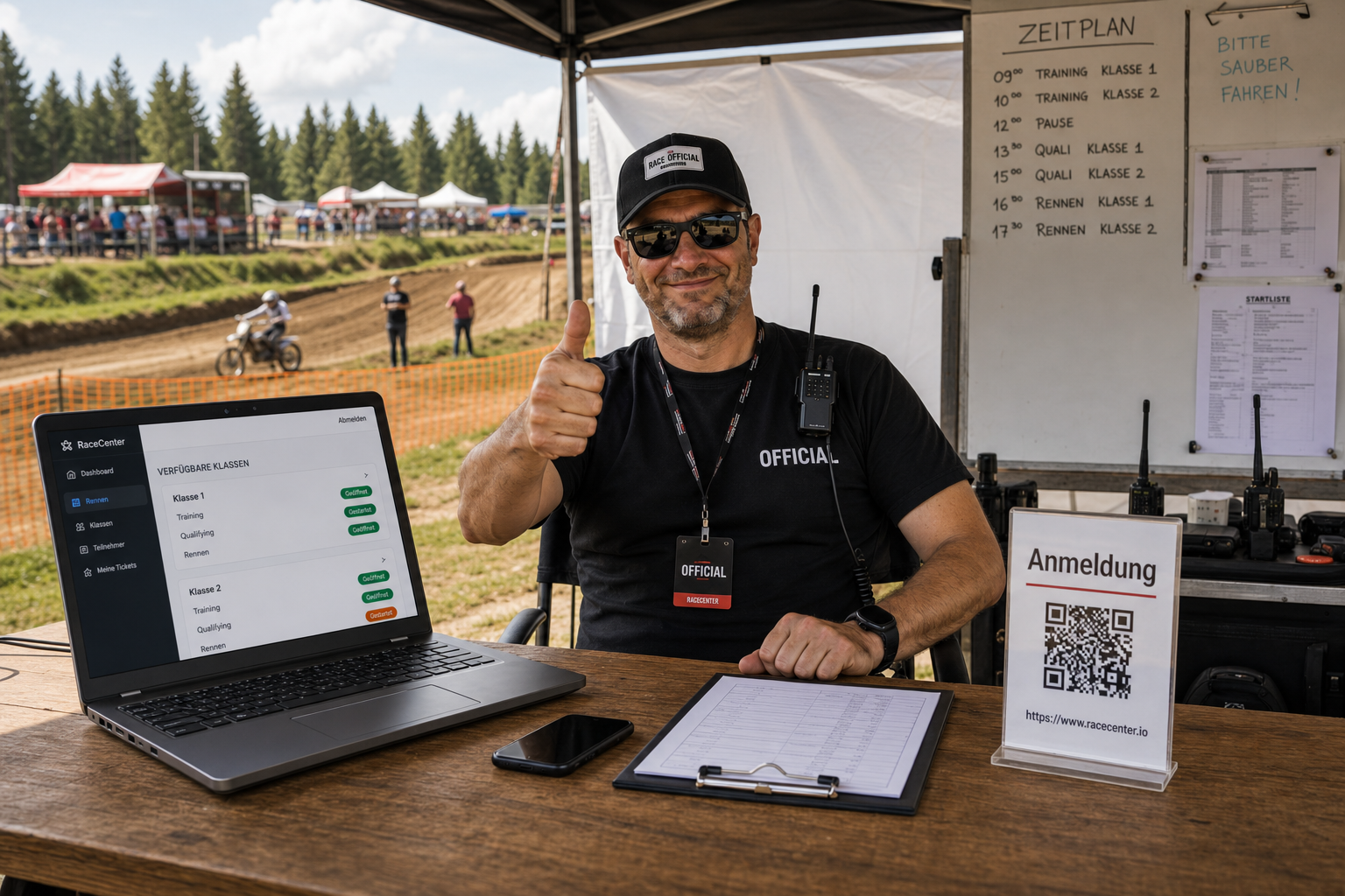 Anmeldung am Motocross-Event – Official mit Laptop, Anmeldungs-QR und Zeitplan an der Strecke