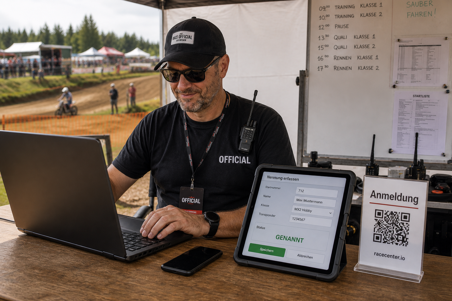 Digitale Nennung am Event – Official erfasst Starterdaten am Laptop, Status genannt auf dem Tablet