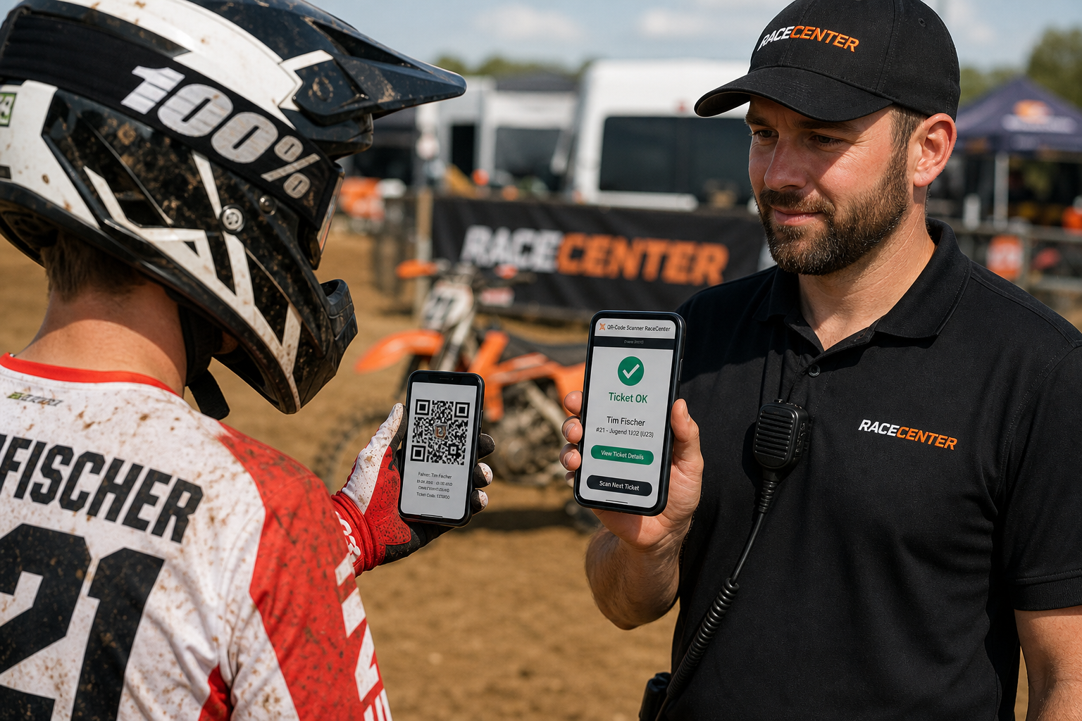 Ticket-Scan am Event – Official scannt Fahrer-Ticket, Scanner-App zeigt Ticket OK