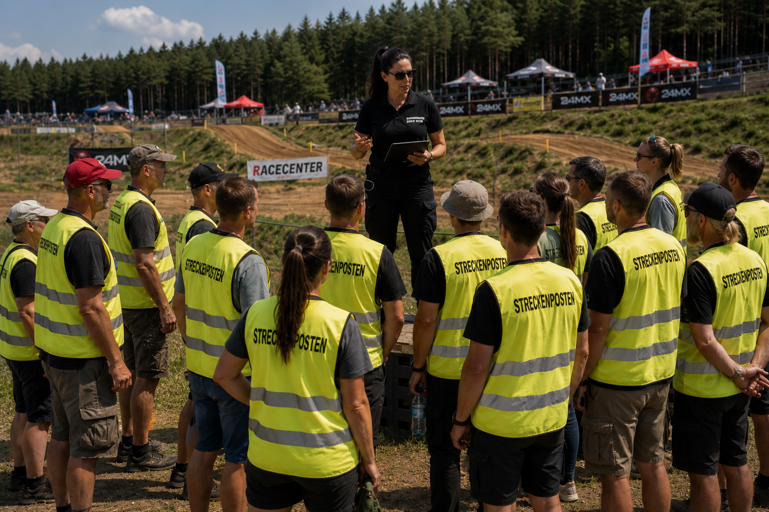 Streckenposten-Briefing – Koordinatorin mit Tablet weist Streckenposten in gelben Warnwesten an der Motocross-Strecke ein