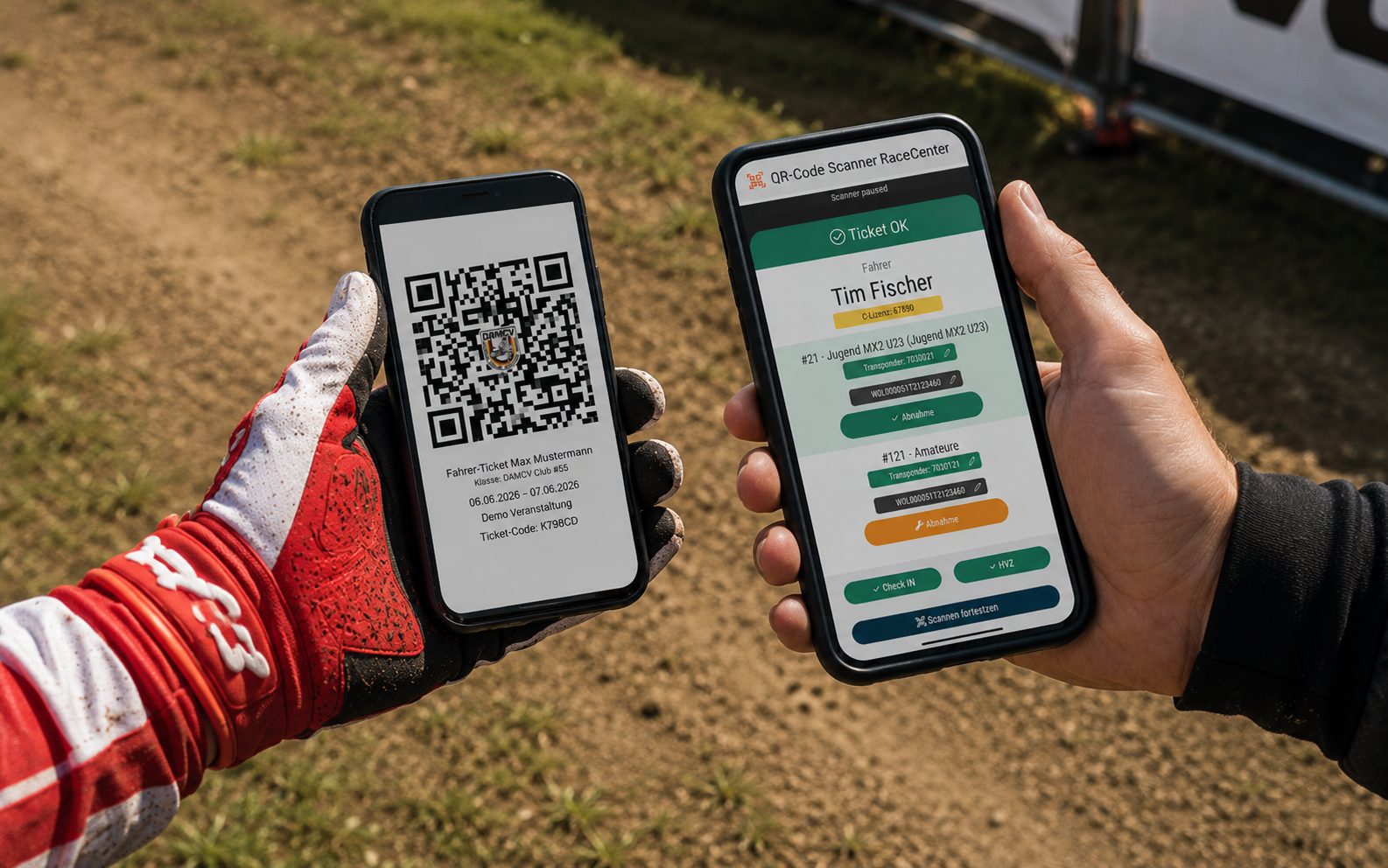 Ticket-Scan am Event – QR-Code auf dem Fahrer-Ticket wird gescannt, Scanner-App bestätigt Ticket OK