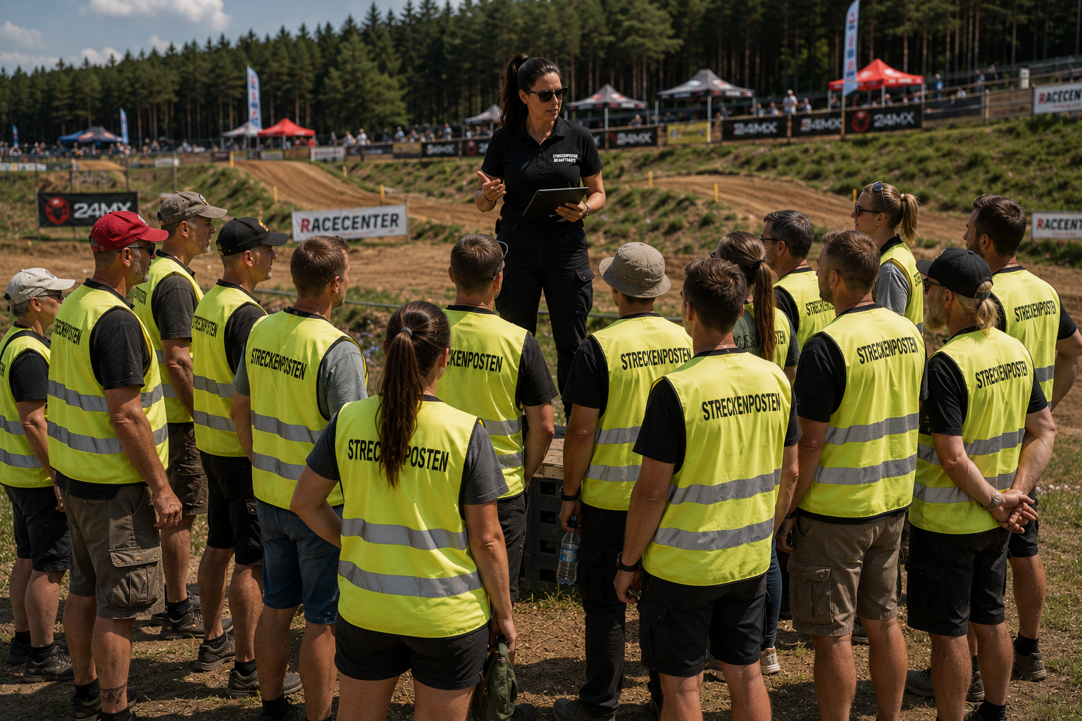 Streckenposten-Briefing am Event – Koordinatorin mit Tablet weist eine Gruppe Streckenposten in gelben Warnwesten an der Motocross-Strecke ein