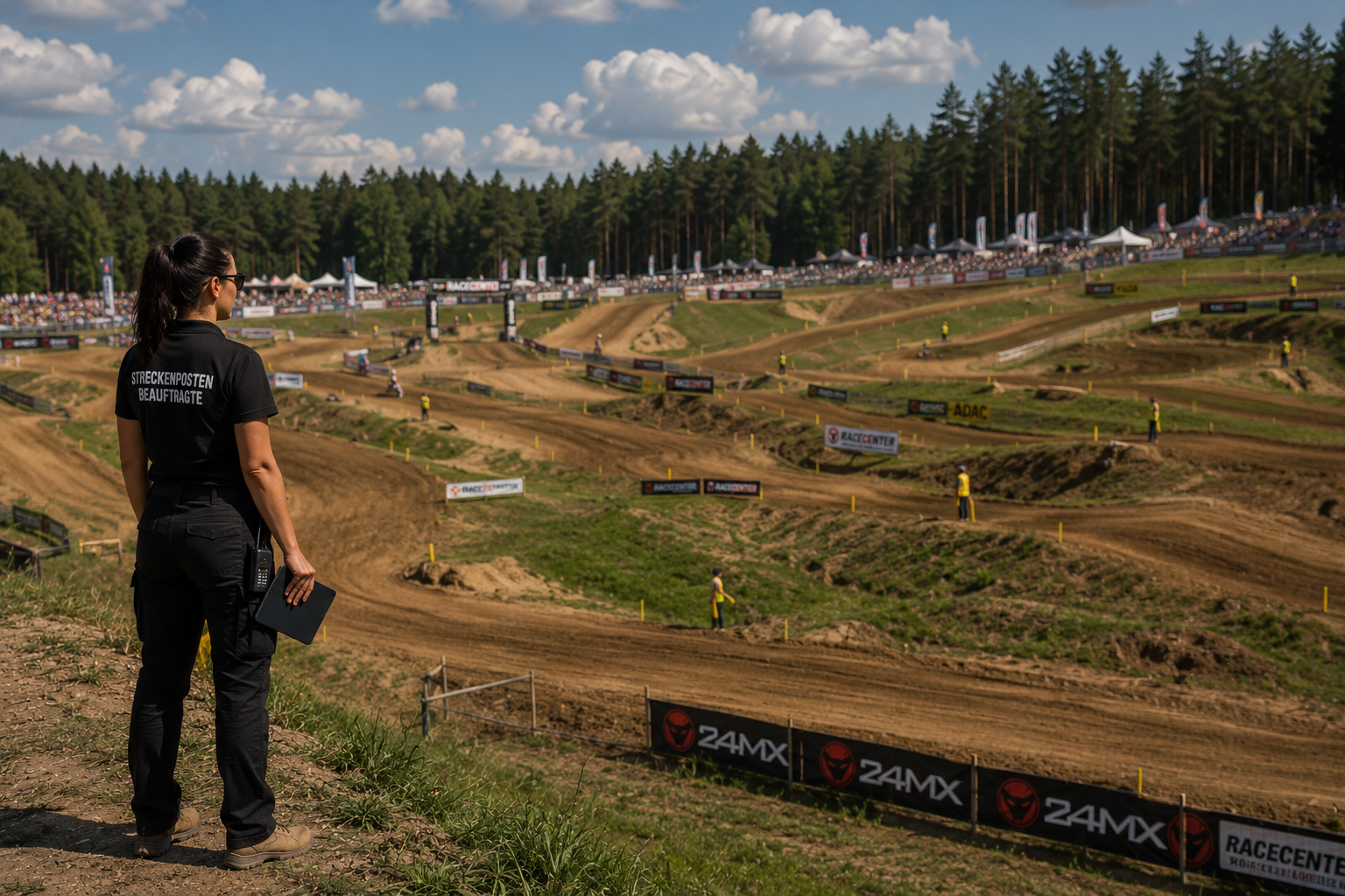 Streckenposten-Übersicht am Event – Beauftragte mit Tablet überblickt die Motocross-Strecke und Posten in Warnwesten