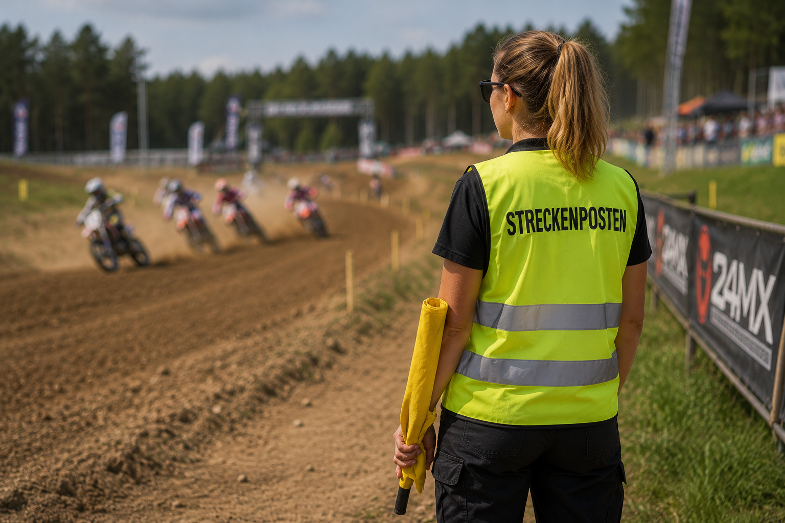 Streckenposten an der Strecke – Marshals in gelber Warnweste mit Flagge überblicken das Motocross-Rennen