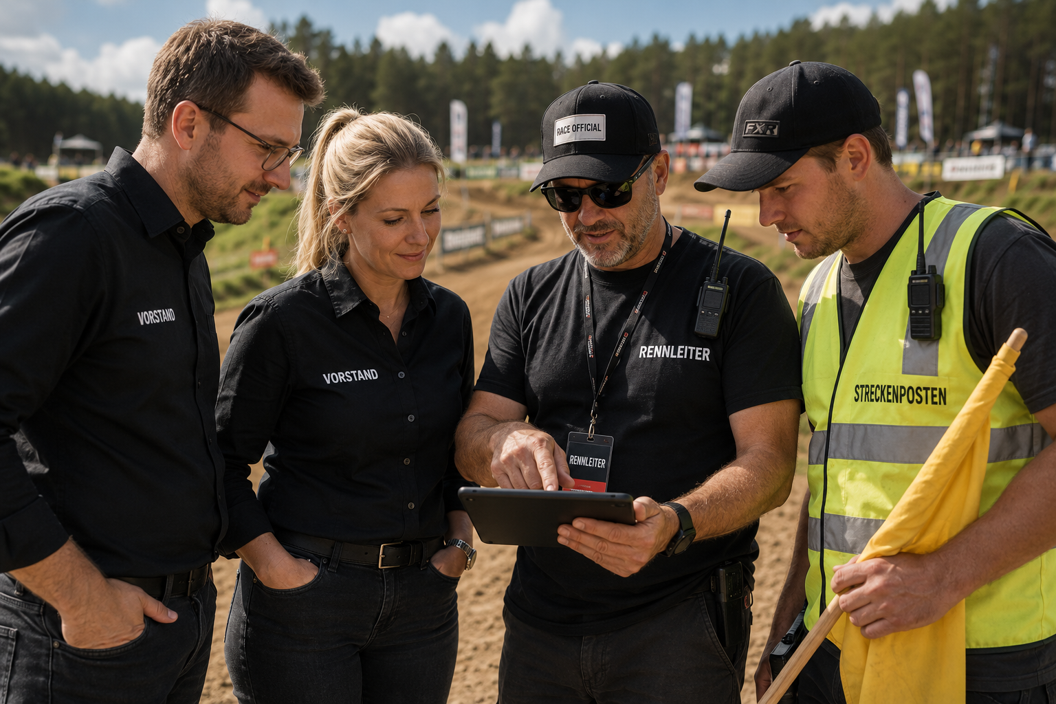 Team-Zusammenarbeit am Event – Vorstand, Rennleiter und Streckenposten prüfen gemeinsam Infos auf dem Tablet