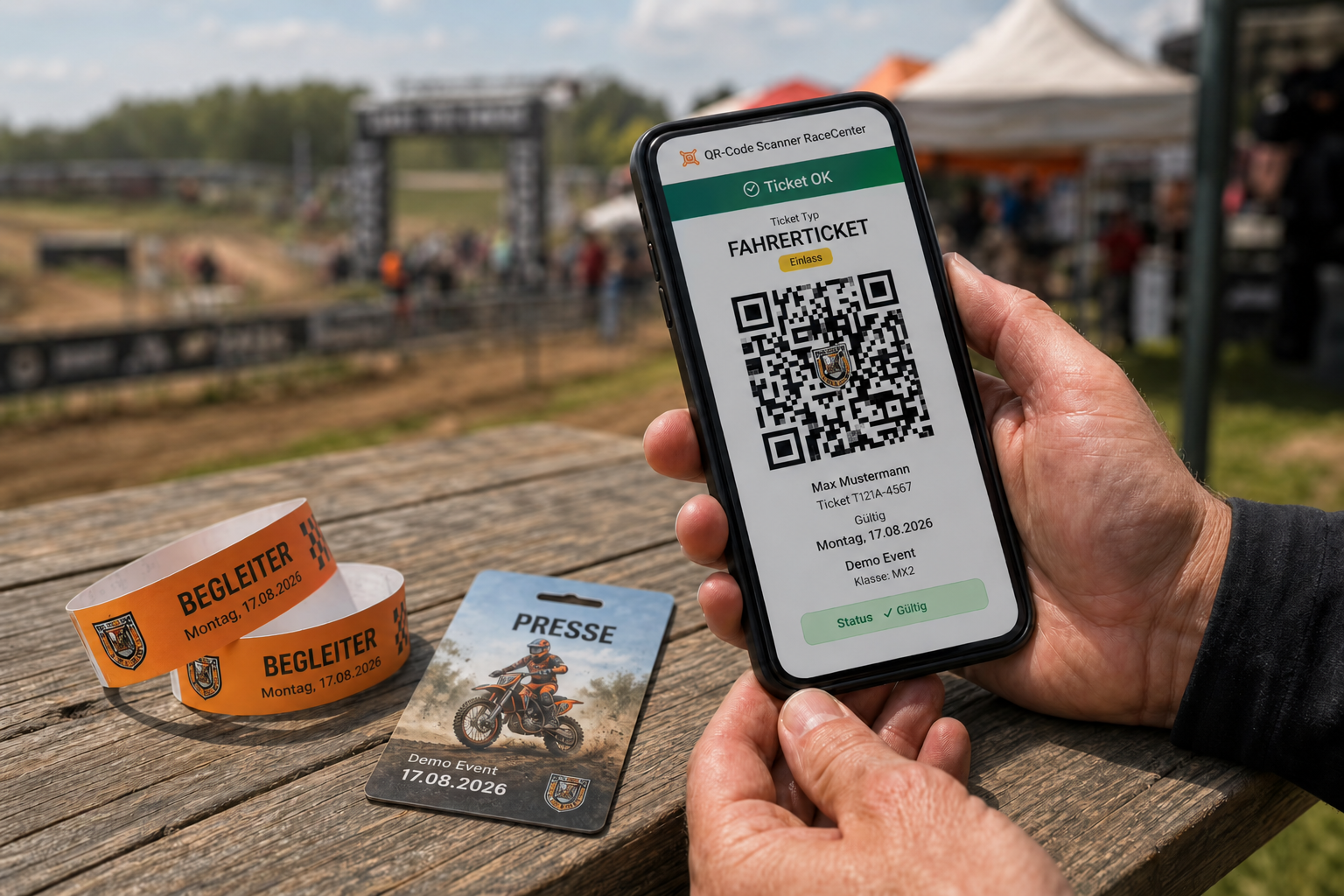 Digitale Tickets am Event – Fahrerticket mit QR-Code auf dem Smartphone, Begleiter-Bändchen und Presseausweis auf dem Tisch